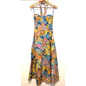 Caroline Constas XS Halter Maxi Dress 100% Cotton Tropical Floral Print Smocked
